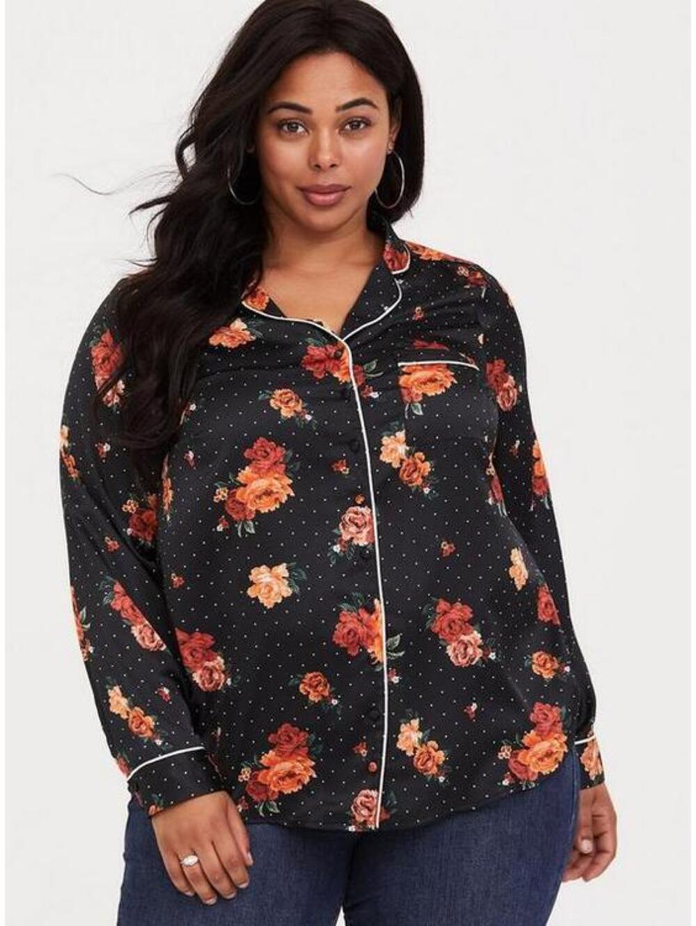 Torrid Floral Polka Dot Satin Pajama Style Blouse Button Up Long Sleeve 6 6X